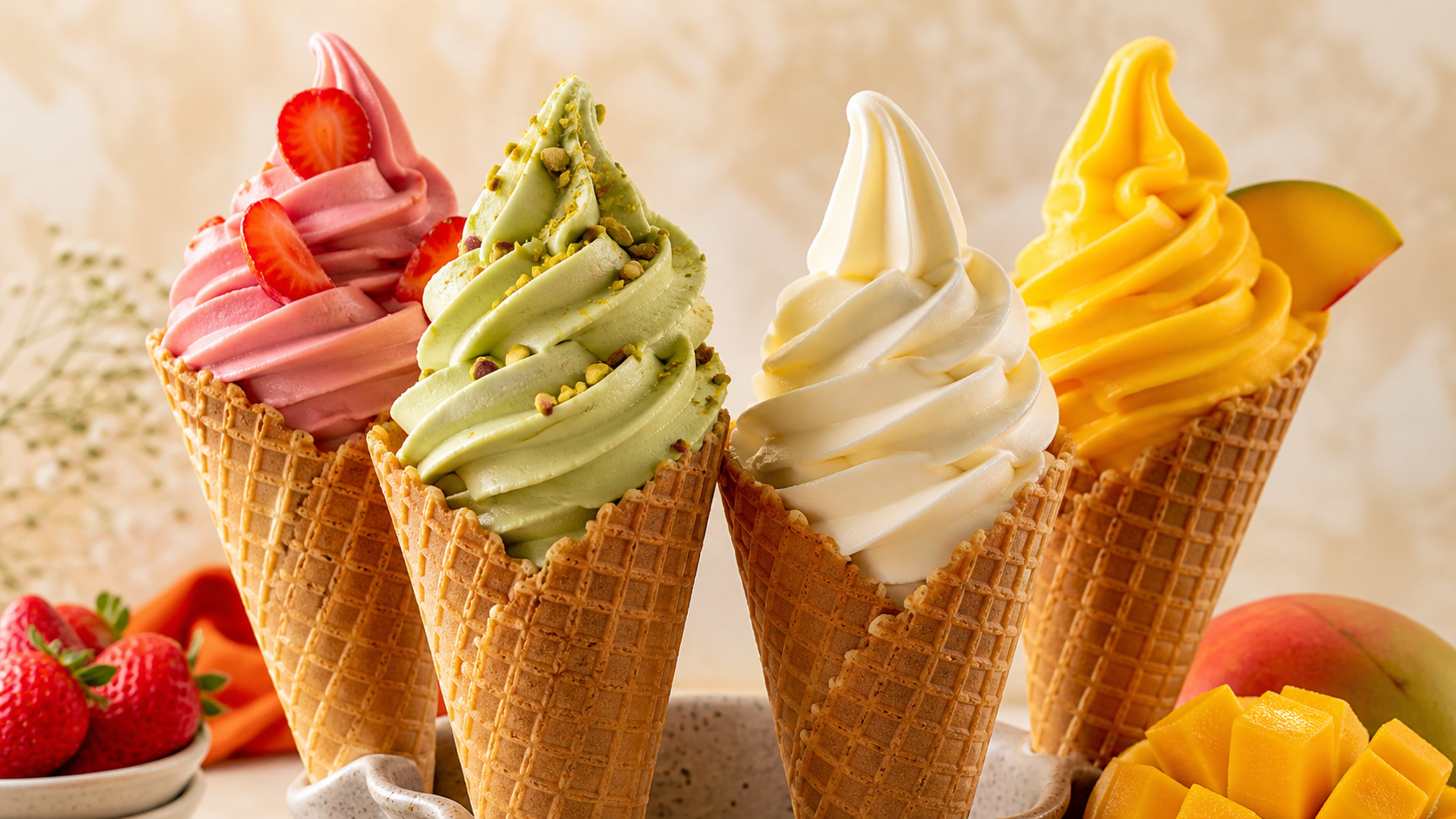 Яркое мягкое мороженое gelato в рожках
